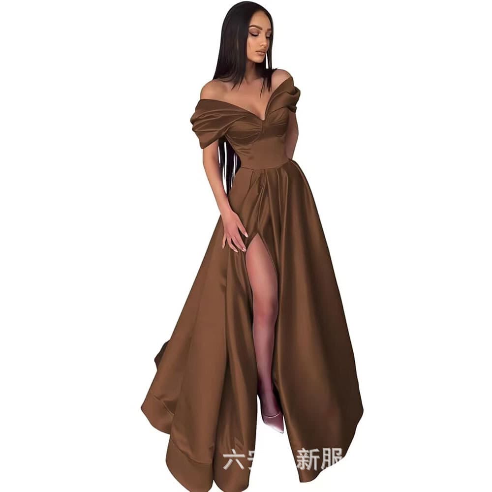 Amazon Women's Off-Shoulder Heart-Shaped Prom Dress Long Pleated Satin Formal Evening Gown with Slit