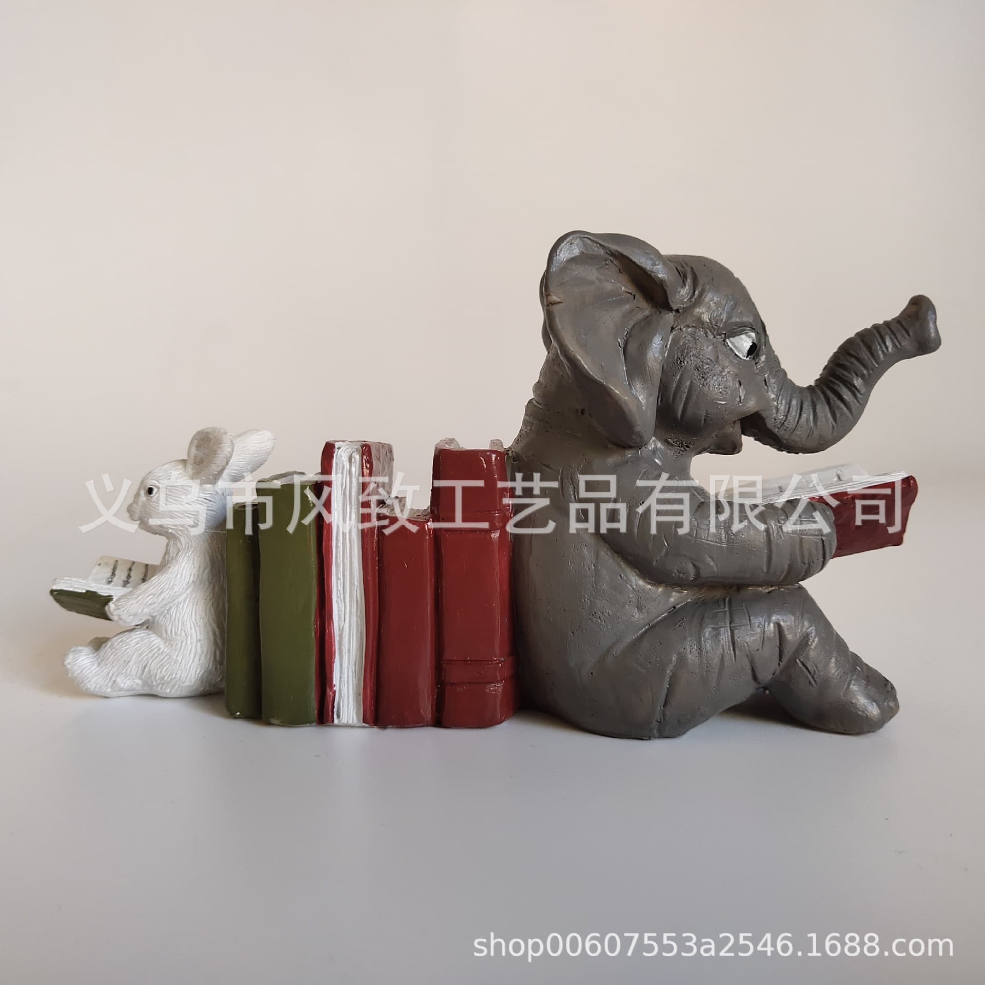 Elephant and Rabbit Reading Learning Statue Desk Decor Resin Craft Animal Home Ornament