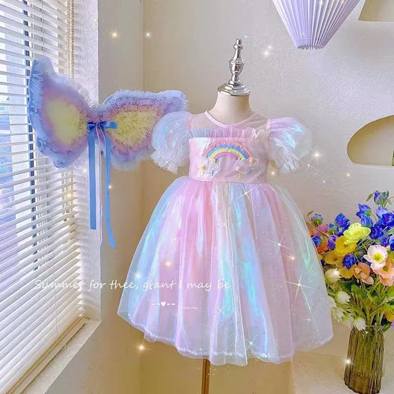 Girls Summer Dress 2026 New Children Fashion Rainbow Butterfly Wings Princess Dress Birthday Party Summer