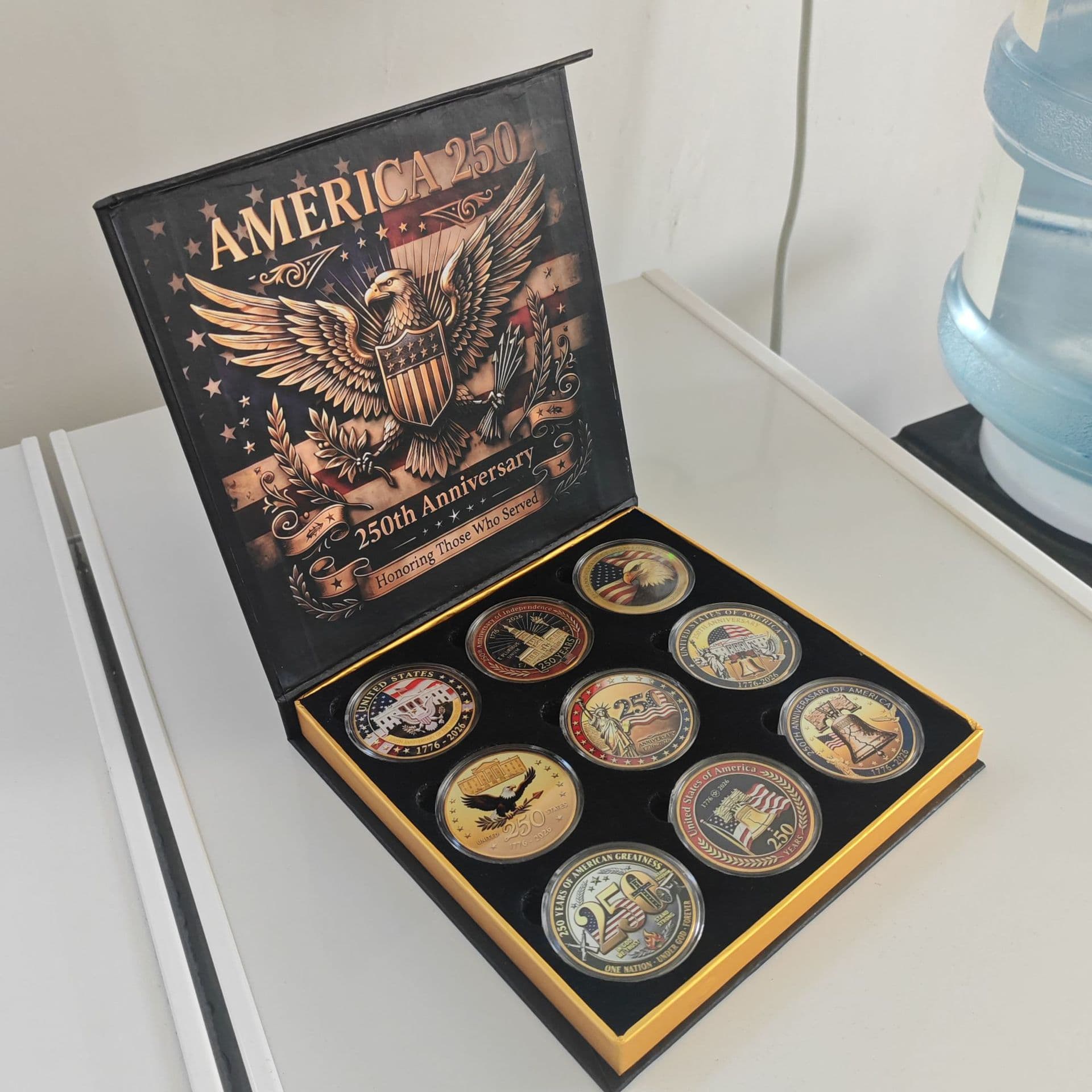 America250 U.S. 250th Anniversary Commemorative Coin Set, 8-Piece Gift Box with Painted Metal Medallions for Collection