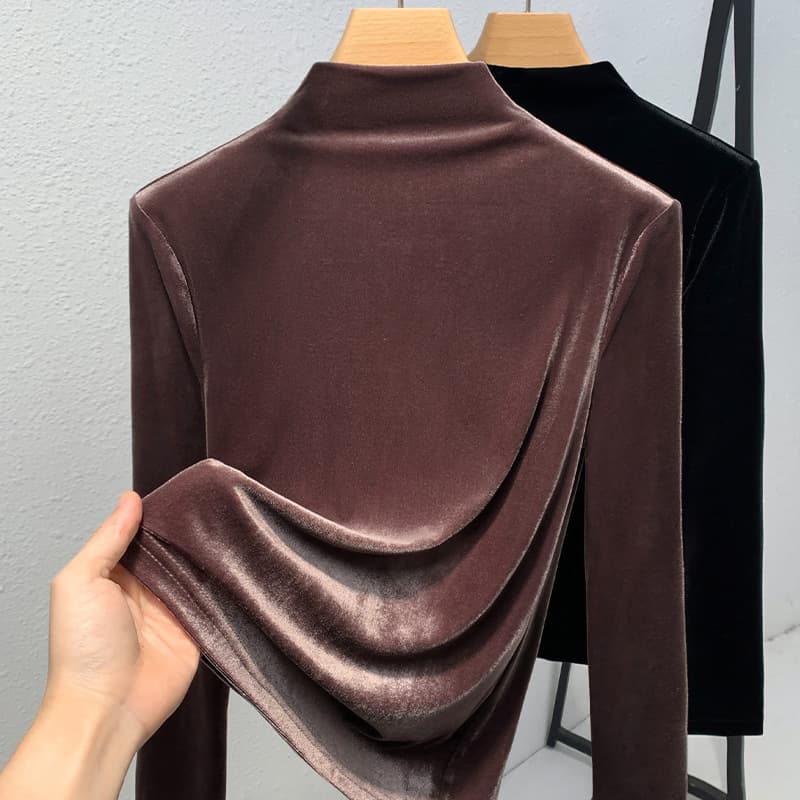 Semi-High Neck Base Layer for Women 2025 New Arrival Solid Color Velvet Long-Sleeve T-Shirt Warm Innerwear Waist-Cinching Top