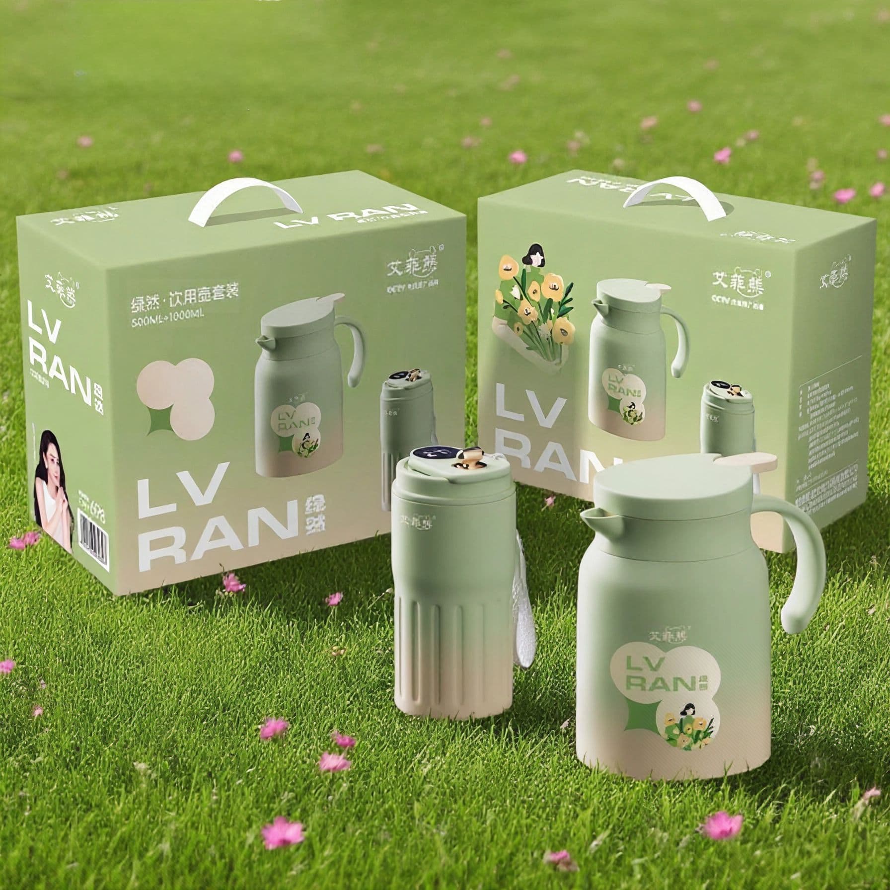 Aifei Bear Smart Temperature Display Kettle Set, Large Capacity Green Natural Coffee Cup and Kettle, Two-Piece Set, 316 Stainless Steel Tea Pot