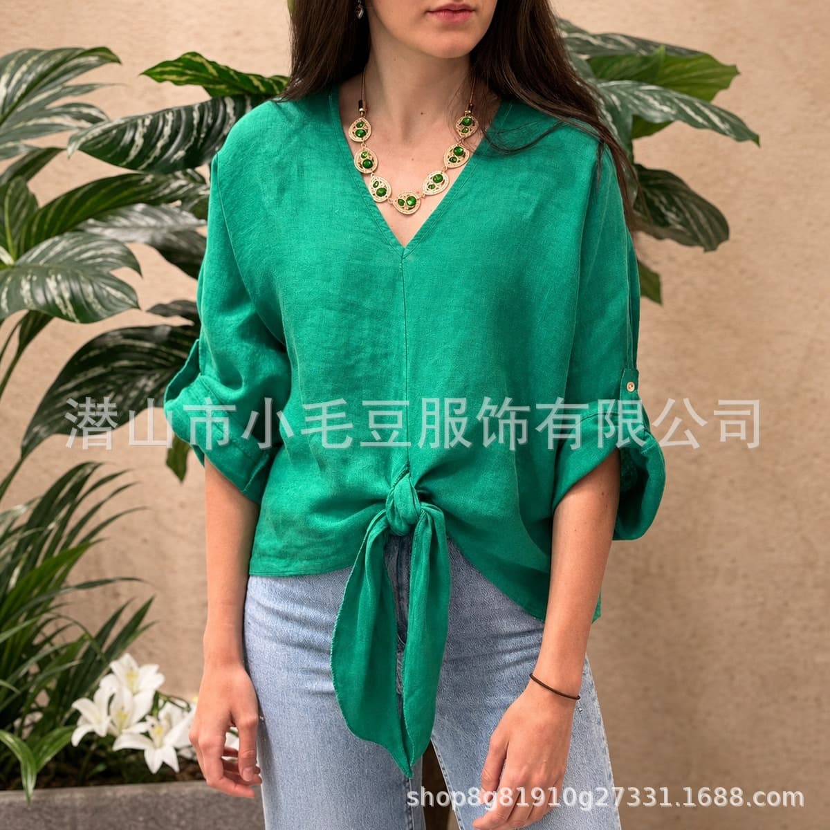 2026 European and American style solid color V-neck linen shirt for women summer new loose lace casual commuting long-sleeved top