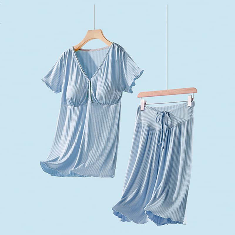 Summer Thin Postpartum Short-Sleeved Cropped Pants Set Maternity Nursing Pajamas Nursing Home Clothes Two-Piece Set