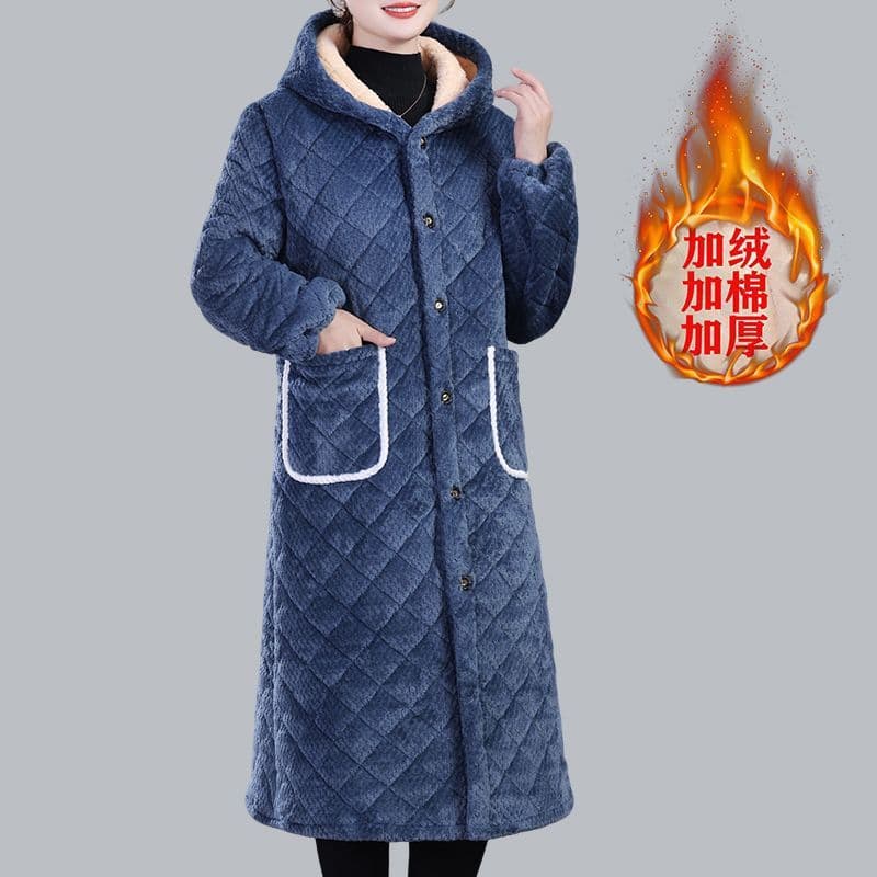 Winter Women's Workwear Homewear Warm Cotton Jacket Fleece-Lined Thickened Cotton Coat Casual Long Over-Knee Smock