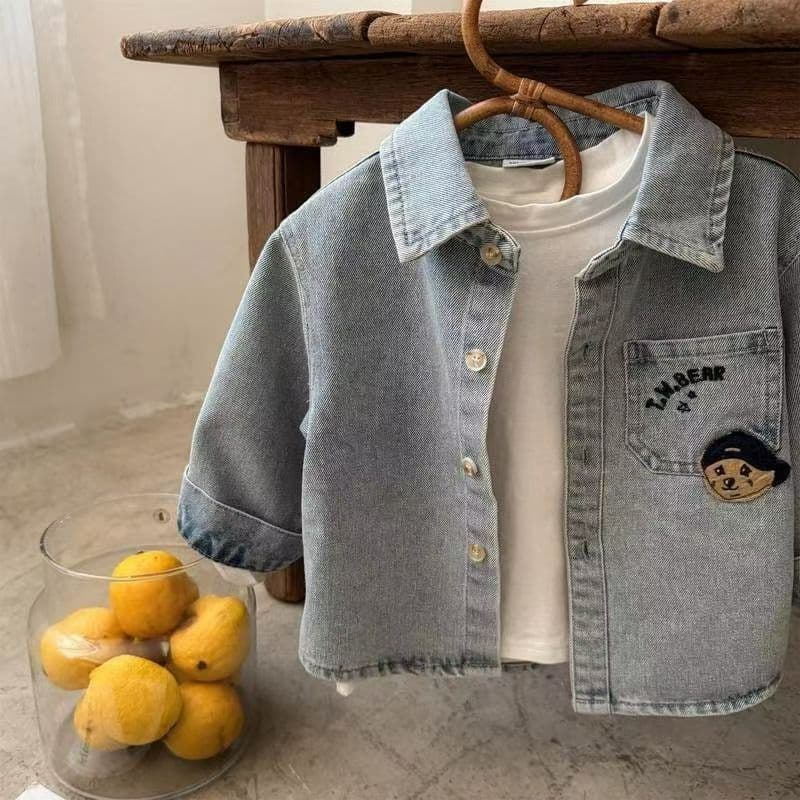 Children's shirt 2025 spring/autumn new unisex kids cartoon bear denim shirt baby fashionable coat