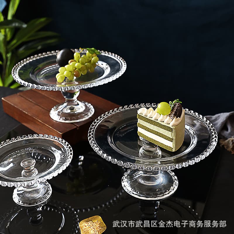 Transparent Glass High-Foot Plate Home Dessert Plate Love Edge Wedding Cake Plate Dust Cover Creative Fruit Plate Ornament