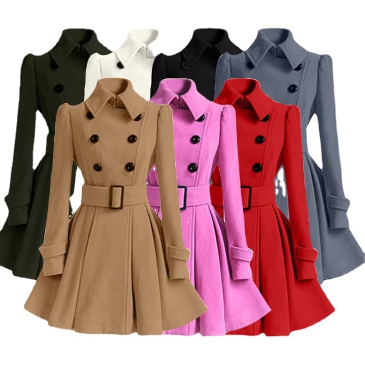 Cross-Border European and American Autumn/Winter New Slim Fit Ruffle Women's Wool Coat Belt Buckle Style Woolen Coat Trench Coat for Women
