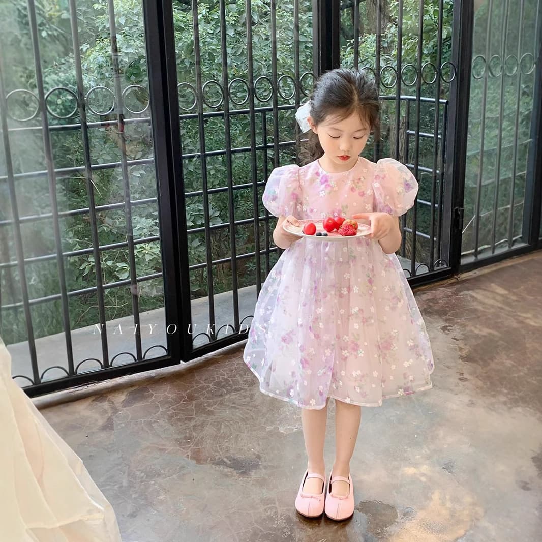 Girls Summer Dress 2025 New Children's Skirt Fairy Puffy Floral Princess Dress