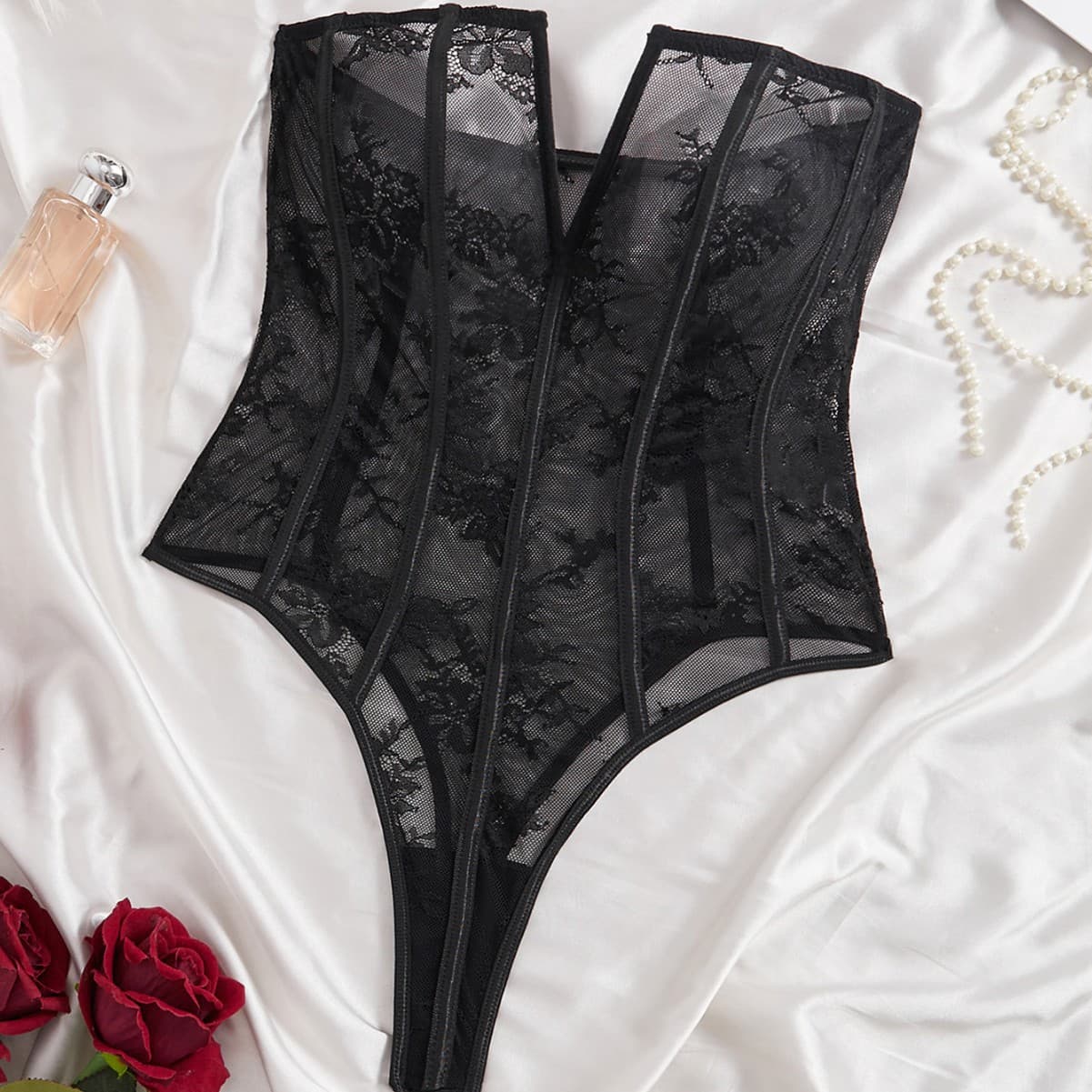 European and American Cross-Border Lace Strap Boning Solid Color Bodysuit V-Neckline Wire-Free Sexy Shapewear Bodysuit