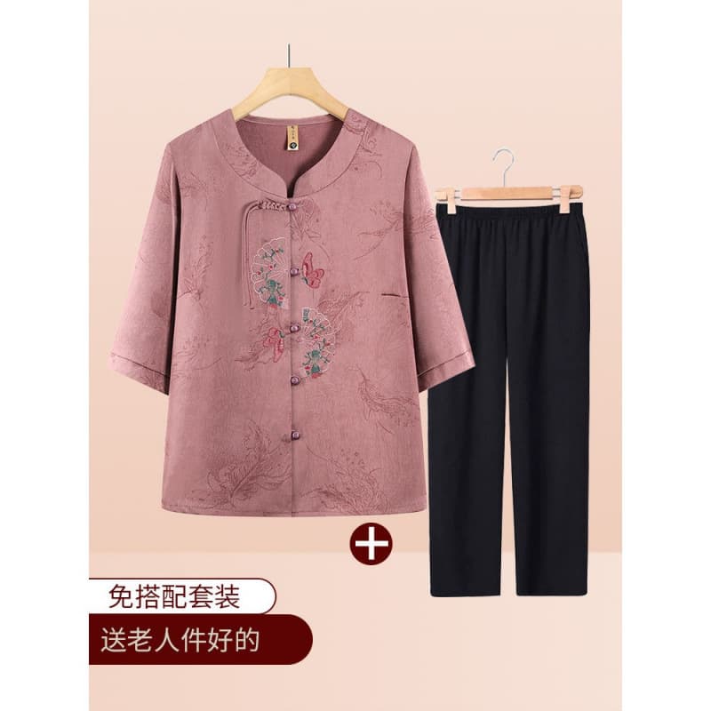 Summer Shirts for Middle-Aged and Elderly Women, Grandma's Mid-Sleeve Outfit, Stylish Mom's Summer National Style Clothing, New Model