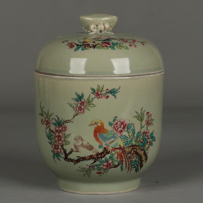 Large Qing Guangxu Famille Rose Yellow Oriole Flower and Bird Pattern Tea Caddy Chinese Ornament Antique Imitation Porcelain Vintage Collectible