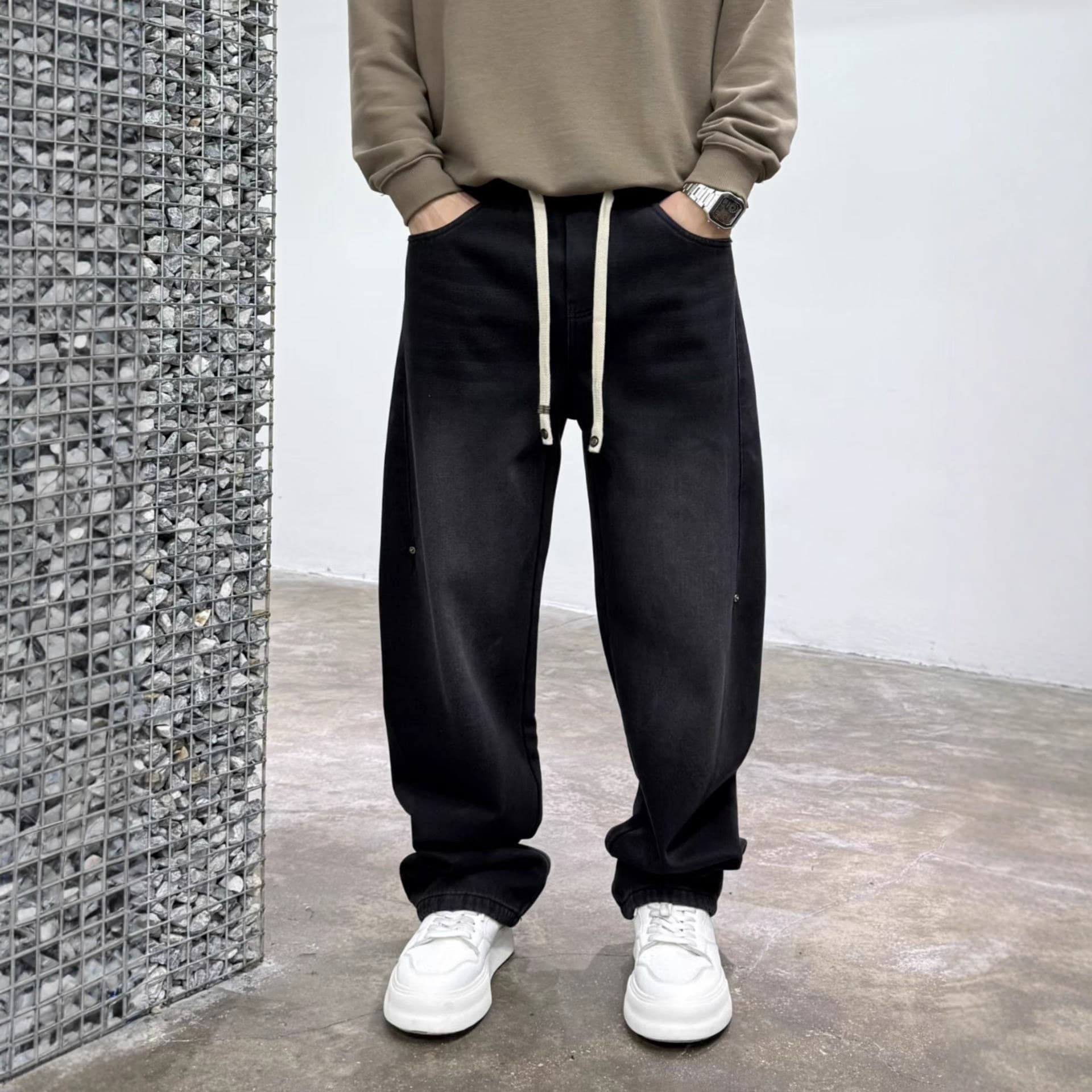 Fleece-Lined Thick Winter Trendy Brand Pleated Warm Workwear Jeans for Men, Loose Drape Versatile Straight-Leg Wide-Leg Pants Trendy