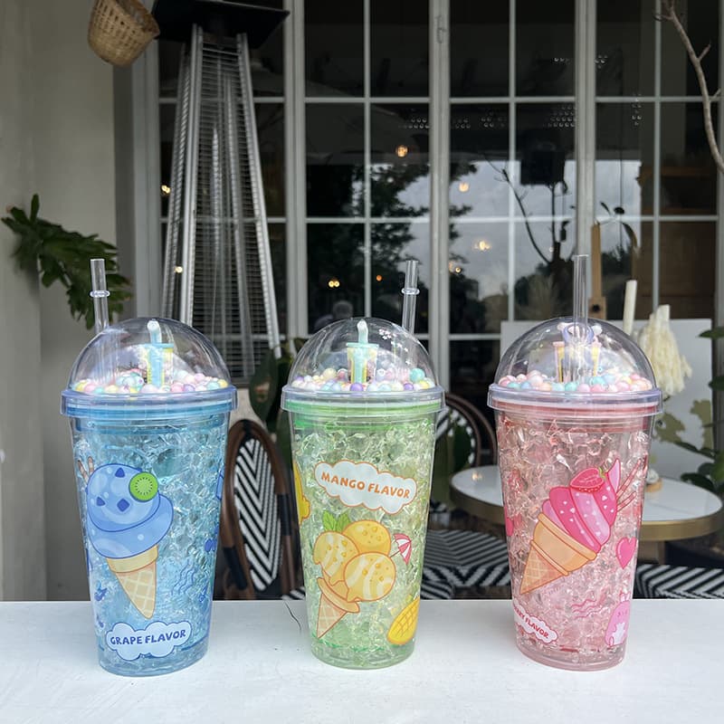 Summer Crushed Ice Double-Layer Plastic Straw Cup, Cute Cartoon Ice Cup, Cooling Gel Insulated Beverage Cup