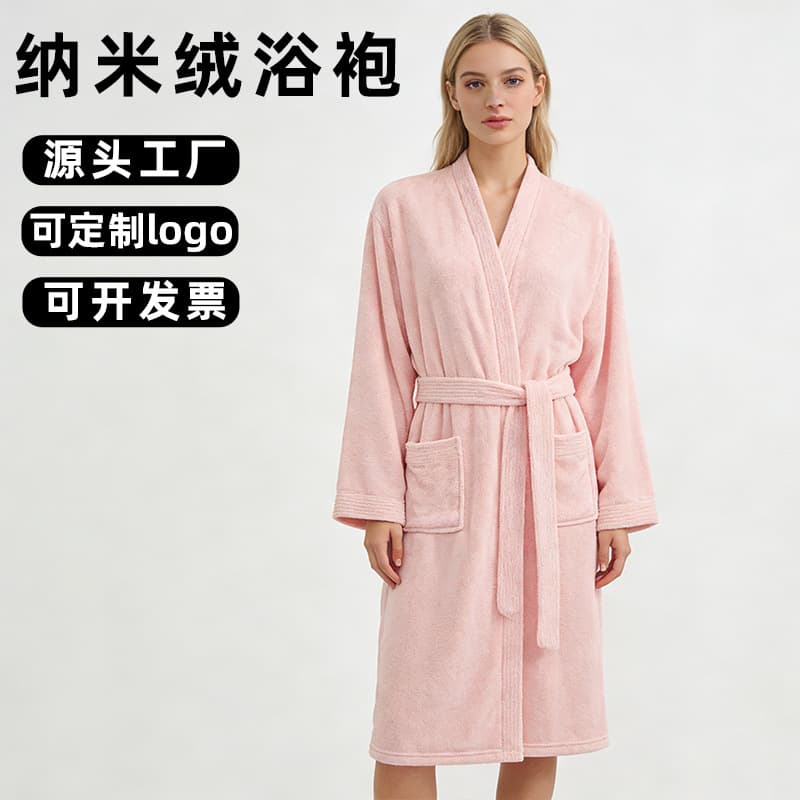 Nano Velvet Bathrobe, Long-Sleeved, Extra Thick, Home Wear Bathrobe, Customizable with Embroidered Logo, New Style Bathrobe