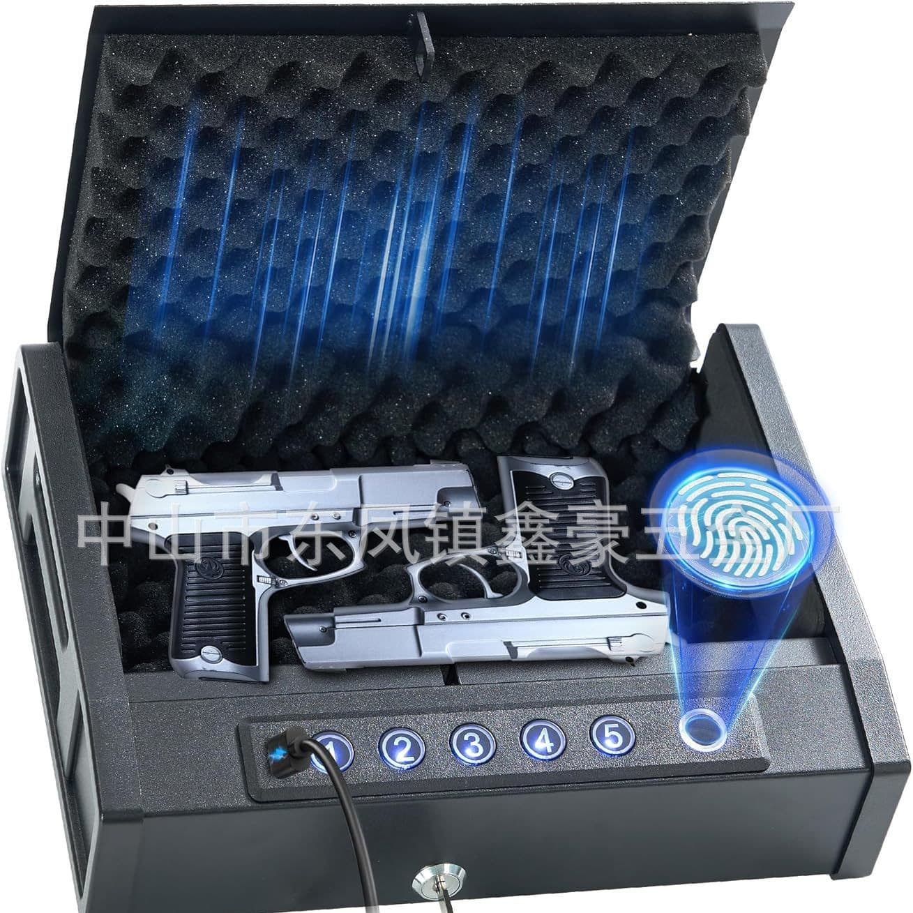 Fingerprint Password Gun Safe Box, Home Portable Car Pistol Box, Blue Light Silent Security Handgun Case