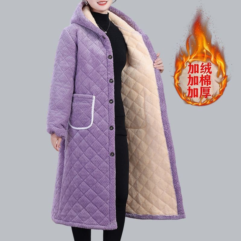 Winter Women's Workwear Homewear Warm Cotton Jacket Fleece-Lined Thickened Cotton Coat Casual Long Over-Knee Smock