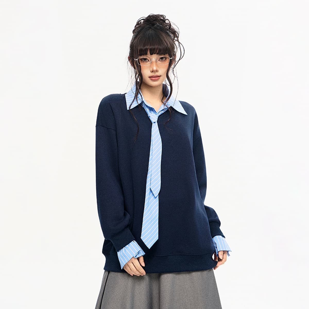 【Jinyin】New College Style Casual Faux Two-Piece Tie Lapel Sweater, Loose Fit, Slimming, Lazy and Versatile