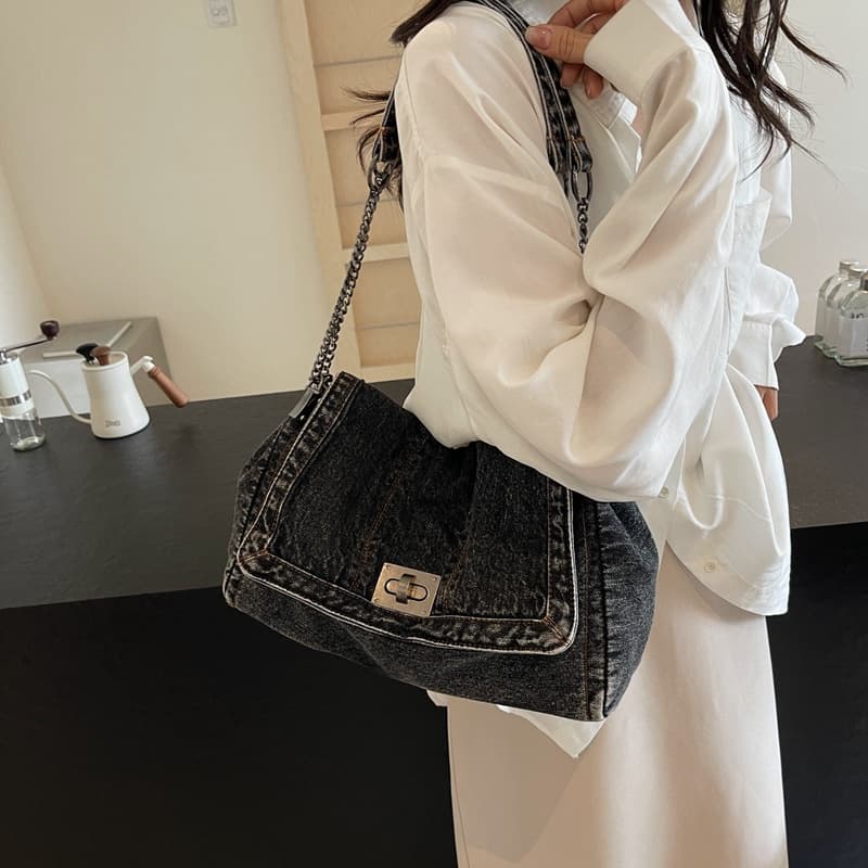 Vintage Casual Denim Bag for Women, New Style Chain Shoulder Bag, Large Capacity Commuter Tote Bag, Crossbody