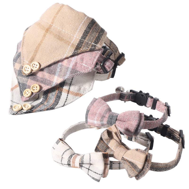 Cute Pet Companion New British Style Two-Piece Set Pet Cat Collar Bow Triangle Scarf with Bell Cat Lace