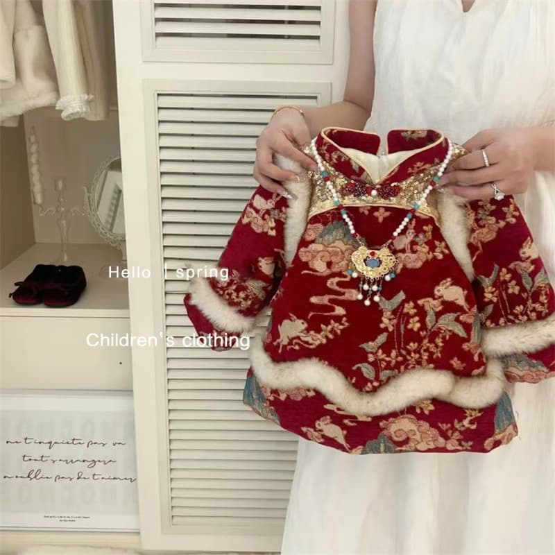 Girls New Year Outfit 2025 New Autumn Winter First Birthday Dress Toddler Baby Girl Cheongsam Hanfu Dress Trendy