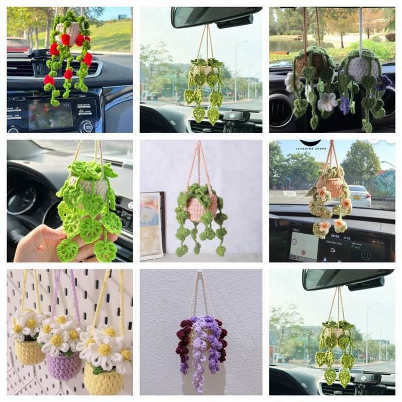 Amazon Hot Selling Hand-Knitted Crochet Car Hanging Basket Flower Rearview Mirror Decoration Creative Car Ornament