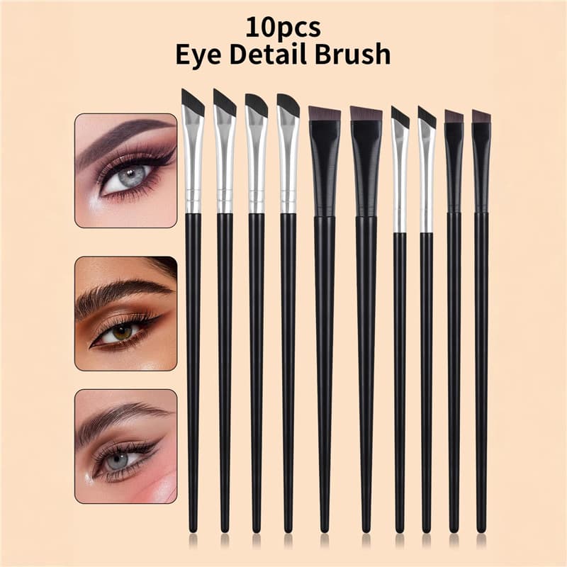 10-Piece Eye Makeup Brush Set: Angled Brow Brush, Sickle Eyeliner Brush, Eyeshadow Brush, Under-Eye Concealer Brush, Highlighter & Brow Brush