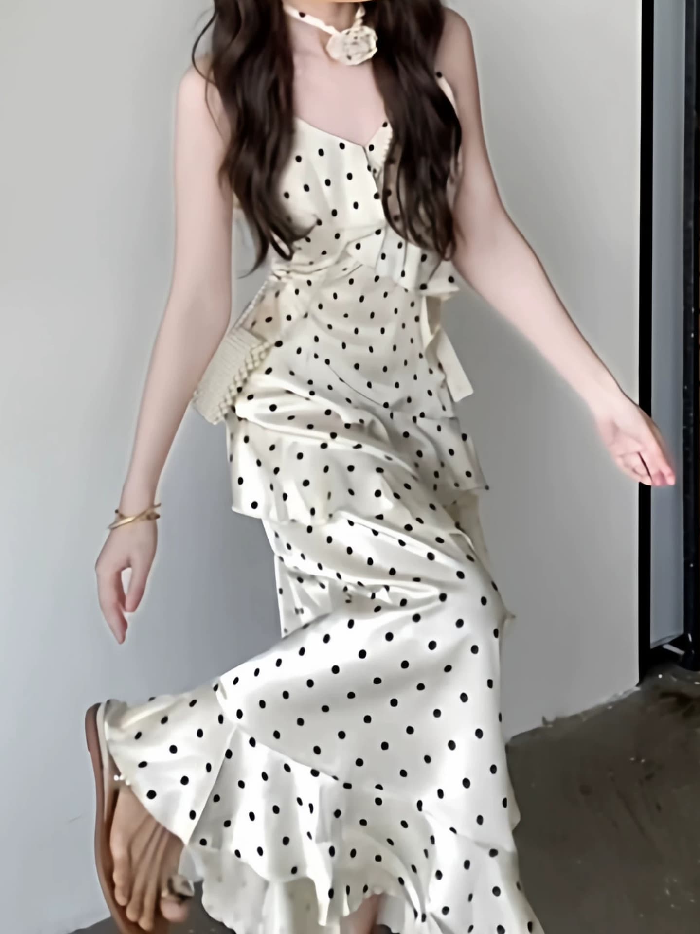 French Polka Dot Sleeveless Dress for Women, Satin Summer New Arrival, Waist-Cinching Slim Fit, Pure Desire Ruffle Hem Midi Dress