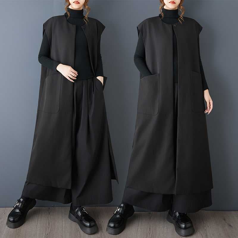 Real Shot Spring/Autumn New Dark Style Simple Double-Layer Black Long Vest, Versatile Slimming Vest Cardigan Jacket
