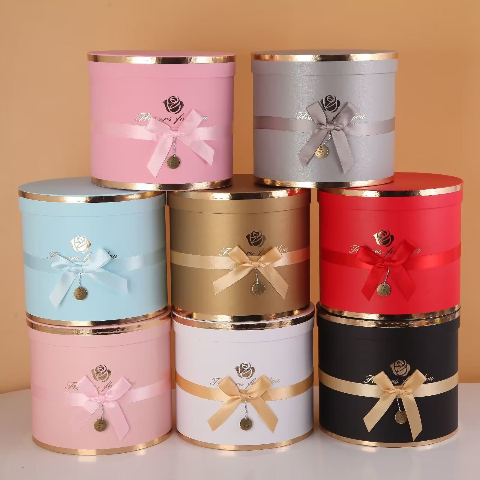 Round Preserved Flower Hug Bucket Gift Box with Bow Gold Foil Birthday Cake Box 5-Piece Set Packaging Box Storage Box