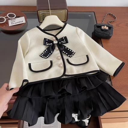 2024 Spring New Elegant Little Chanel-style Skirt Set Korean-style Girl's Long-sleeve Cake Skirt Two-piece Set