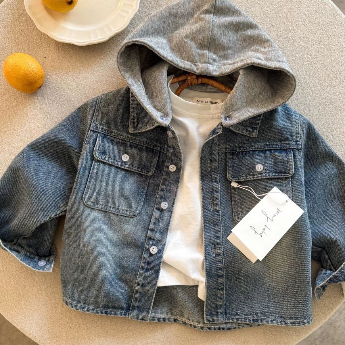 2026 Spring New Boys Vintage Shirt Kids Soft Denim Jacket Solid Color Hooded Denim Coat Trendy