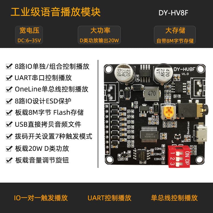 12V/24V voice playback module, one-to-one trigger serial port control playback, 10W/20W voice module HV8F