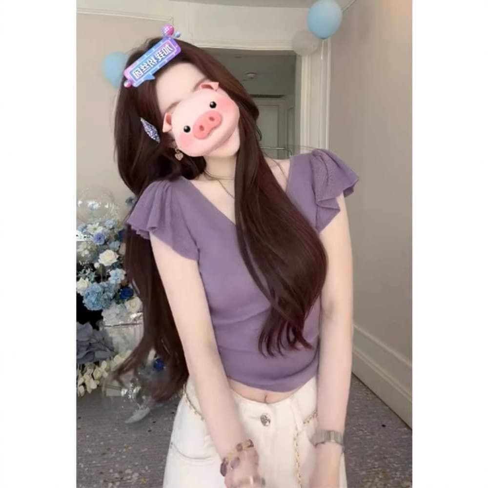 Pure and Sweet Style Purple Small Flutter Sleeve Short-Sleeve Knit Top for Women Summer 2025 New Sexy Hot Girl Cropped Korean Style Blouse