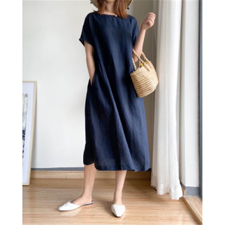 Solid Color Plus Size Dress Women Summer 2026 New Loose Slimming Fat MM Japanese Style Midi Dress Women
