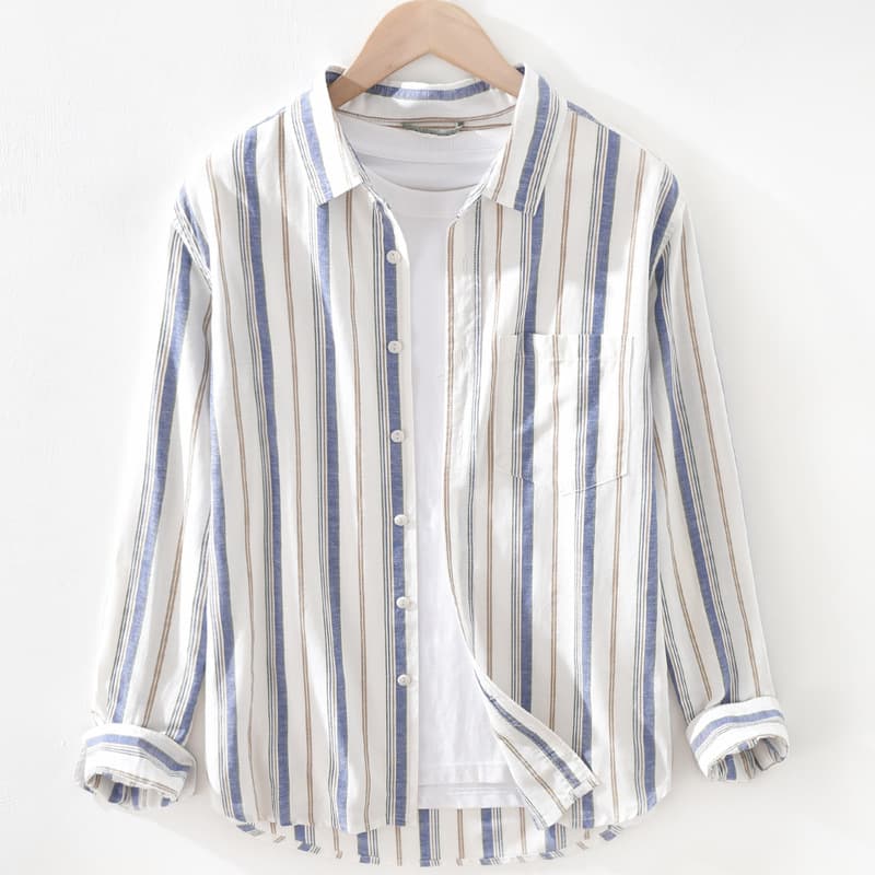 Cotton Linen Long Sleeve Shirt Men's Japanese Style Casual Striped Linen Shirt Loose Thin Top Summer Wear