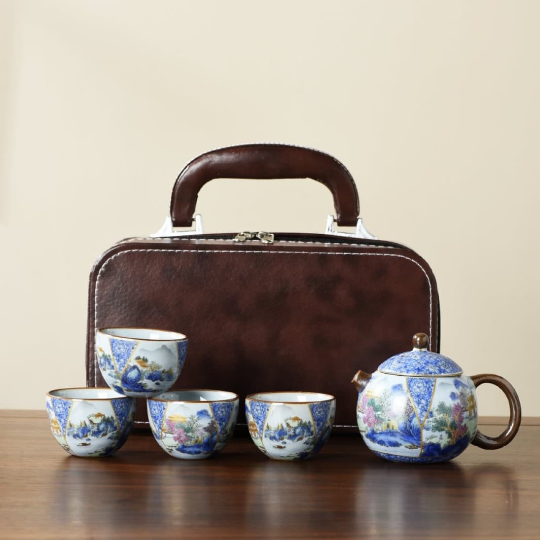 Ruyao travel tea set, one pot, four cups, gift box, outdoor portable teapot, ceramic business gift