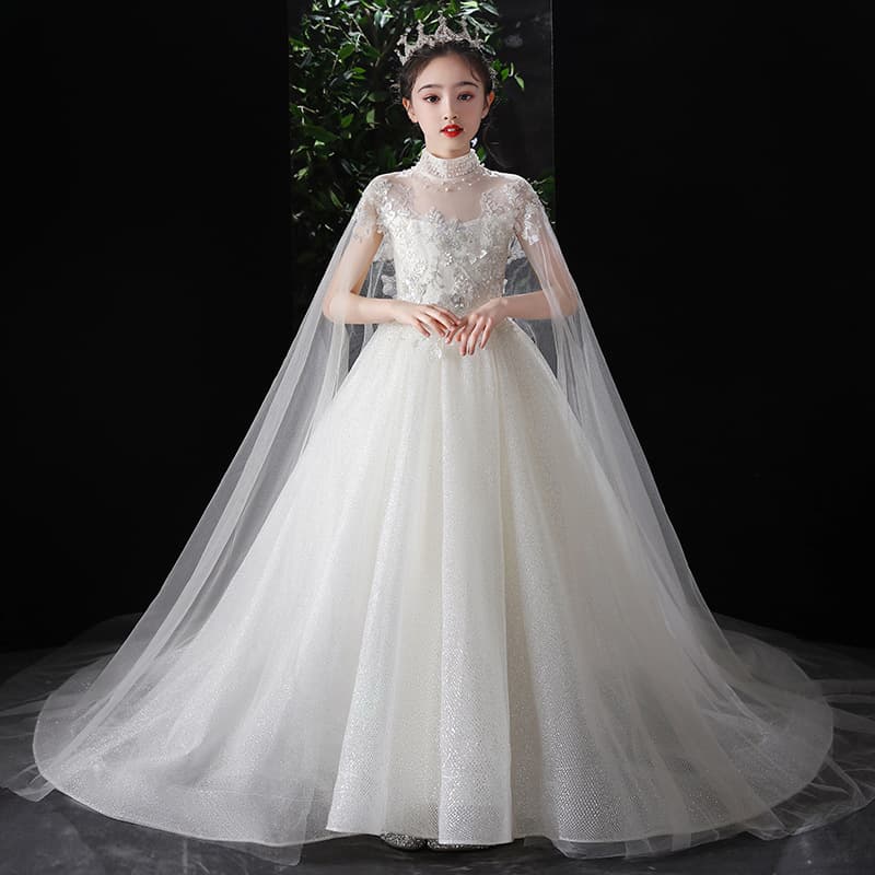 Children's Formal Dress Girl Princess Gown White Train Birthday Flower Girl Wedding Dress Runway Piano Performance Costume Little Princess