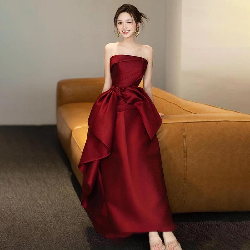 Burgundy Strapless Toast Dress for Women 2026 New Engagement Wedding Satin Petite Luxury Gown