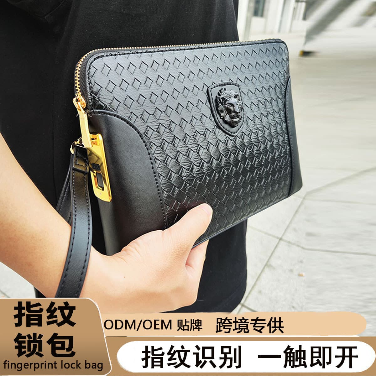 Guangzhou Leather Handbag Men's Business Large Capacity Genuine Leather Clutch with Woven Finger Print Lock Fashionable Luxury