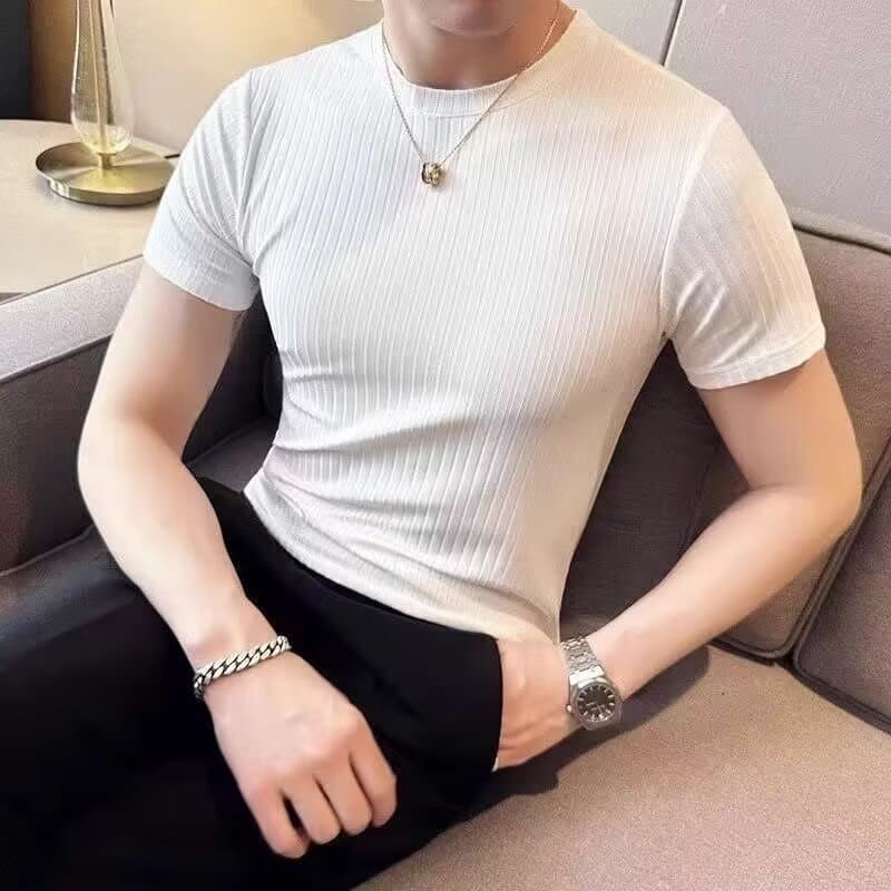 Solid color short-sleeved sweater men's slim round neck elastic tight thin sweater young handsome men's trendy top