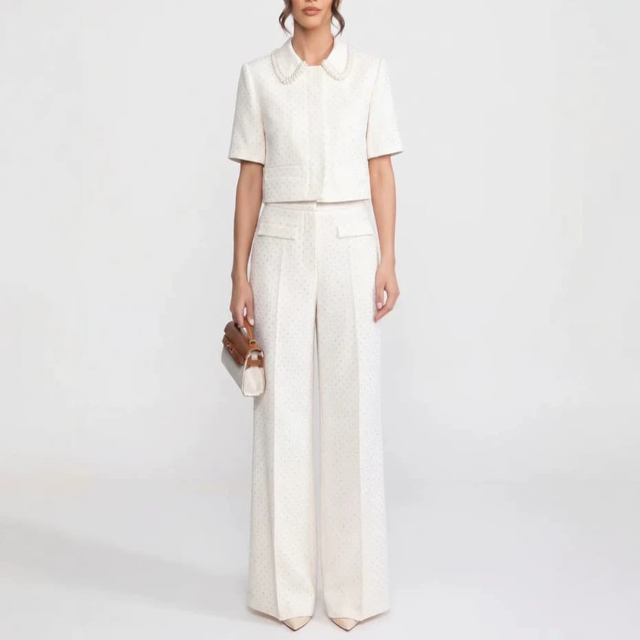2026 Fashion European American Amazon Cross-border Export Women's New Summer Polo Collar Chanel-style White Two-piece Set