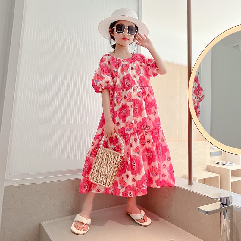 Wholesale Girls Large Floral Dress Summer Children's Stylish Loose Korean Style Big Girl Floral Casual Dress