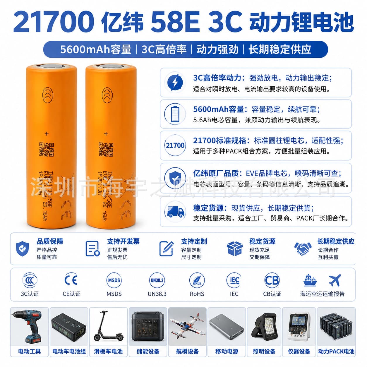 Brand New EVE Original Code Grade A 21700 Lithium Battery 3.7V Power Type 5800mAh Flashlight Power Bank Energy Storage 58E