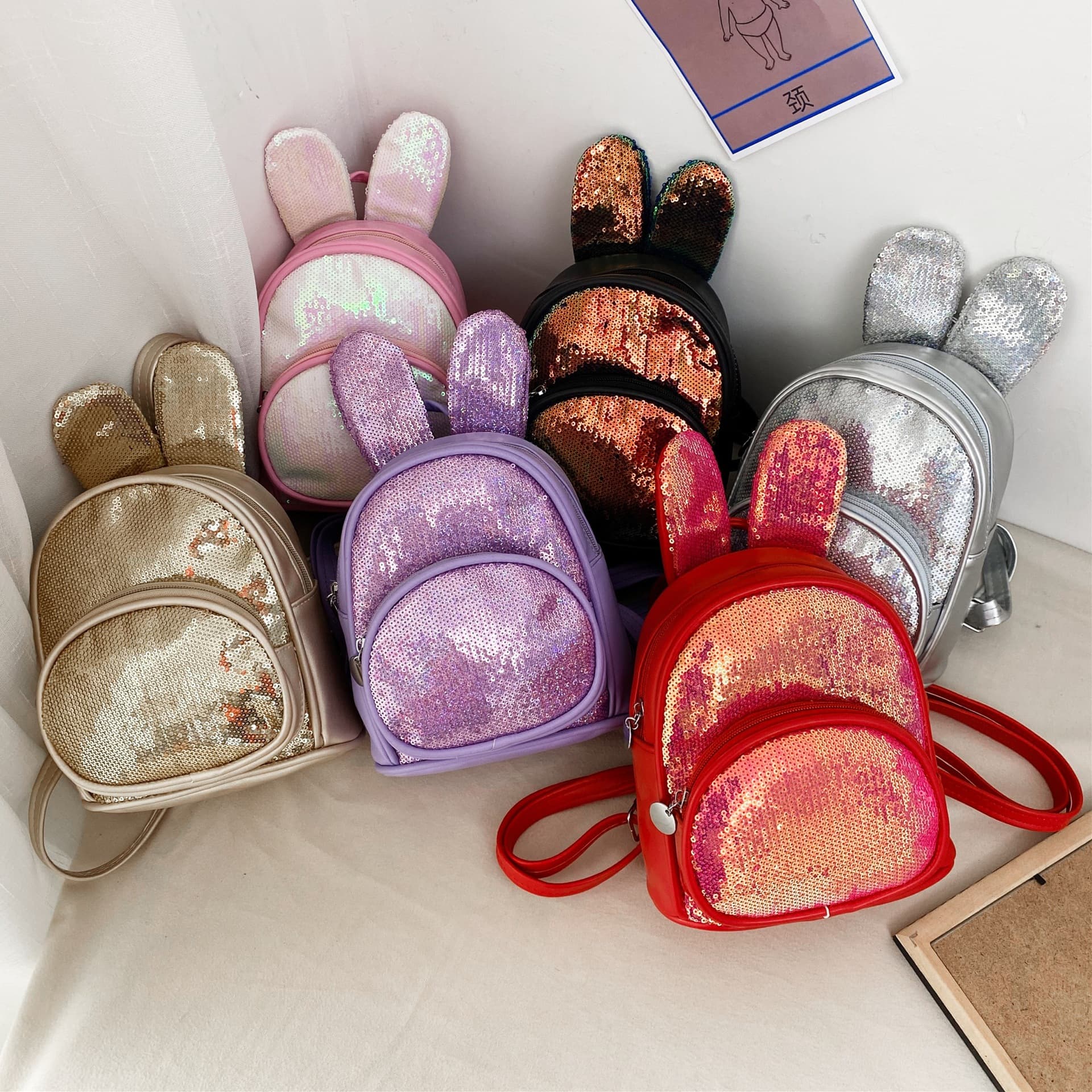 Rabbit ears children's schoolbag, sequined backpack, colorful and shiny girl's cute cartoon fashion princess bag, small schoolbag