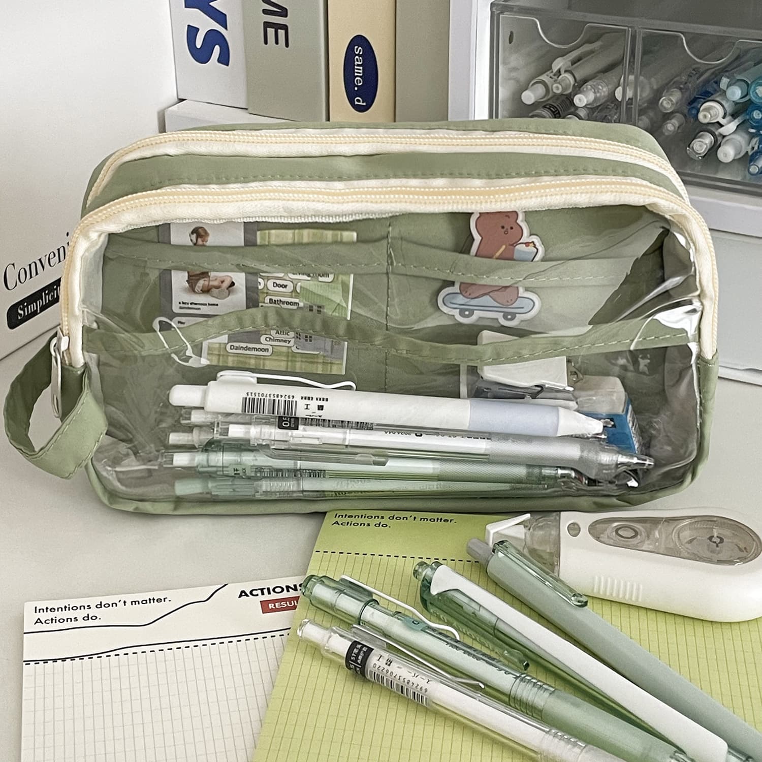 Solid Color Transparent Multi-Layer Pencil Case, High Appearance, Portable, Large Capacity, Simple Nylon Pencil Pouch