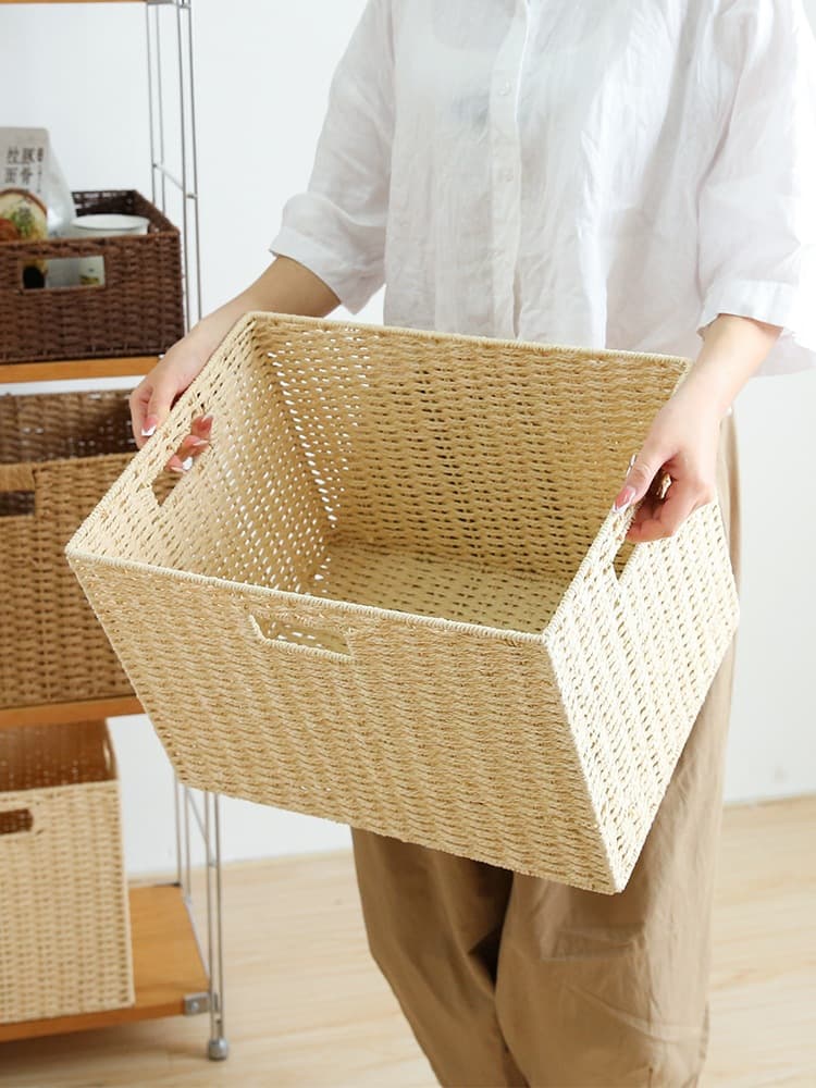 Woven Straw Storage Box, Rattan Basket for Snacks, Toys, Large Storage Container, Woven Organizer