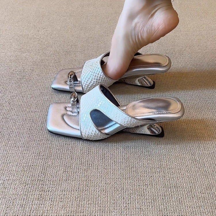 French Elegant Square-Toe Fish Pattern Open-Toe High Heel Sandals for Women Summer Platform Heel Fashionable Slingback Slide Sandals