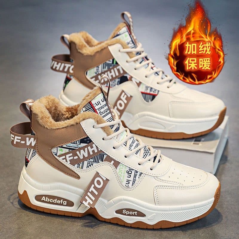 Winter Men's Shoes with Plush Lining, High-Top Shoes, Trendy Versatile Thick-Soled Warm Sneakers, Cotton Shoes, Dad Shoes