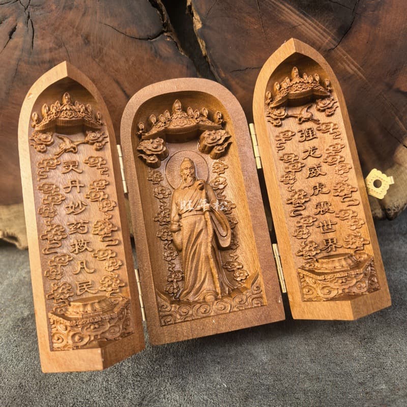 Taoist Supplies Jujube Wood Three-Opening Box Medicine King Sun Simiao Three-Opening Box Medicine King Jujube Wood Statue Ornament Decoration